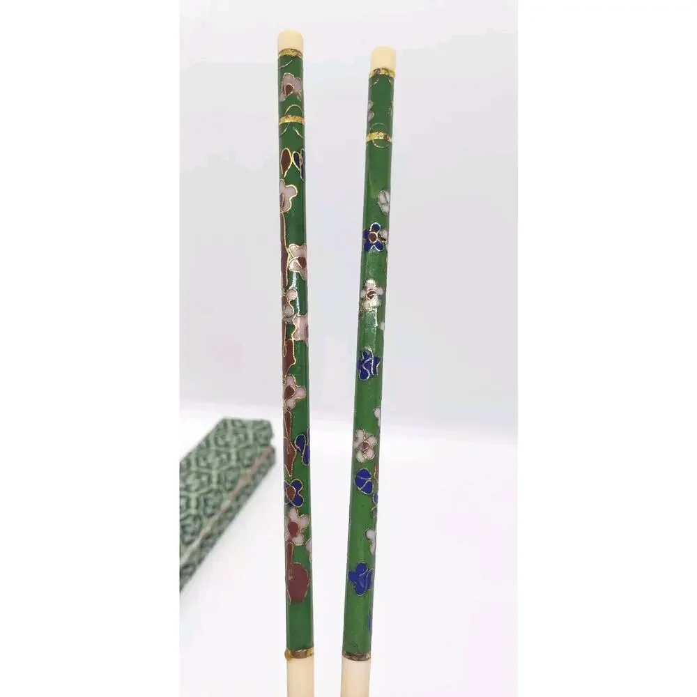 New Old Stock Vintage Cloisonne Chopsticks GREEN floral enamel with box